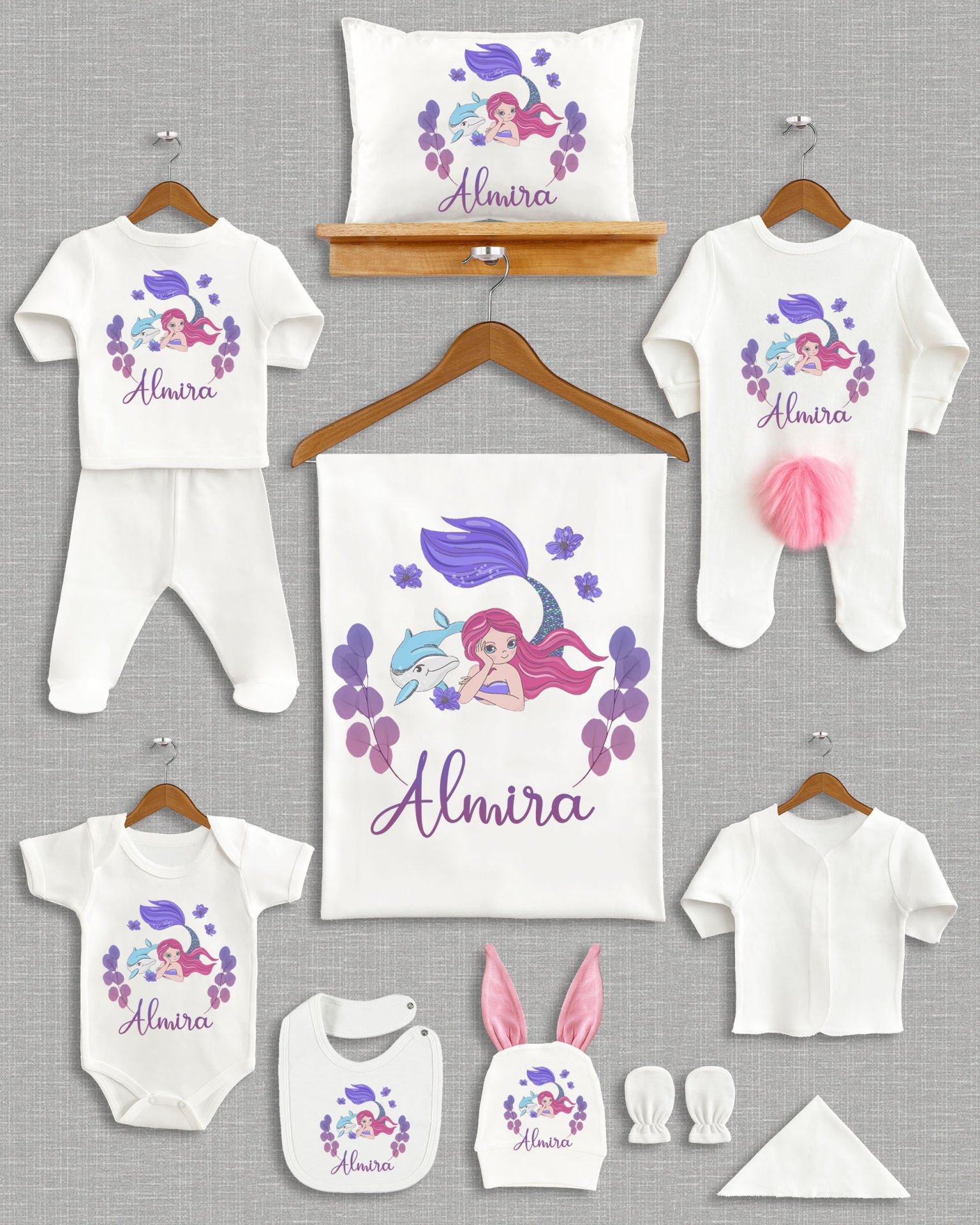 Deniz Kızı Tasarımı Ponponlu Tavşan Kulaklı 11'li Organik Hastane Çıkışı